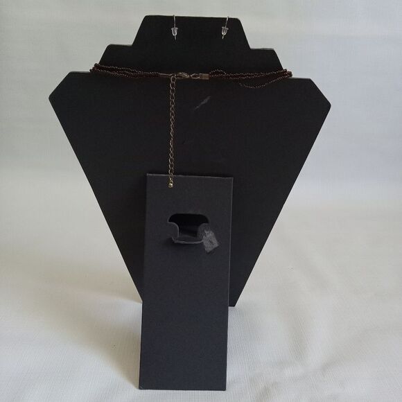 Pink & Brown Colorful Beaded Triple Strand Statement Necklace & Dangle Earrings - Picture 2 of 11